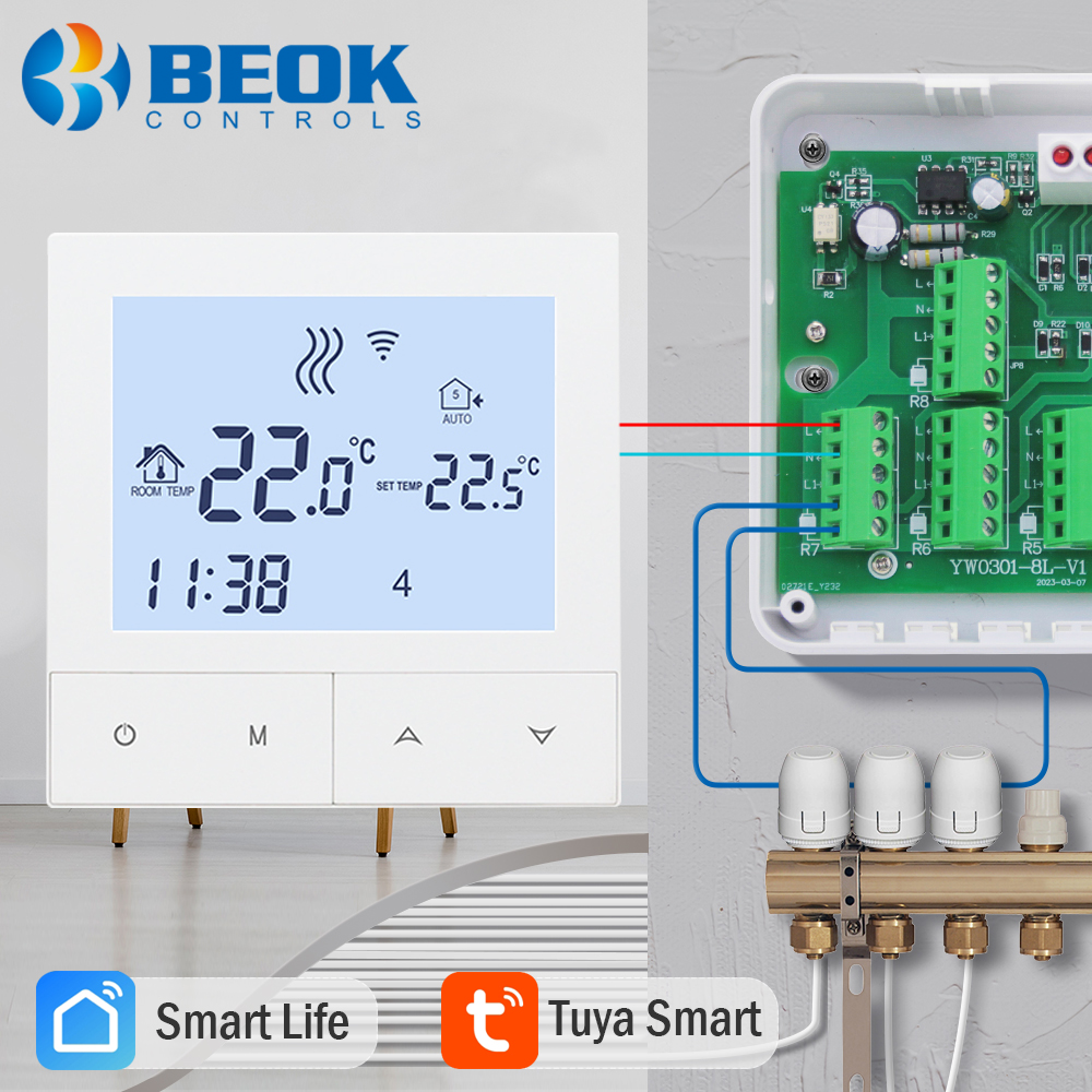 Beok マルチゾーン加熱スマート Wifi サーモスタットハブコントローラ 8 チャンネルコンセントレータ 220V、水床暖房、ガスボイラー用