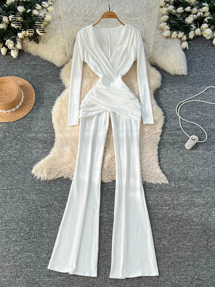 SINGREINY Minimalist Office Lady Jumpsuits Women Deep V Neck Slim Pleated High Waist American Fashion Glamorous Wide Leg Rompers
