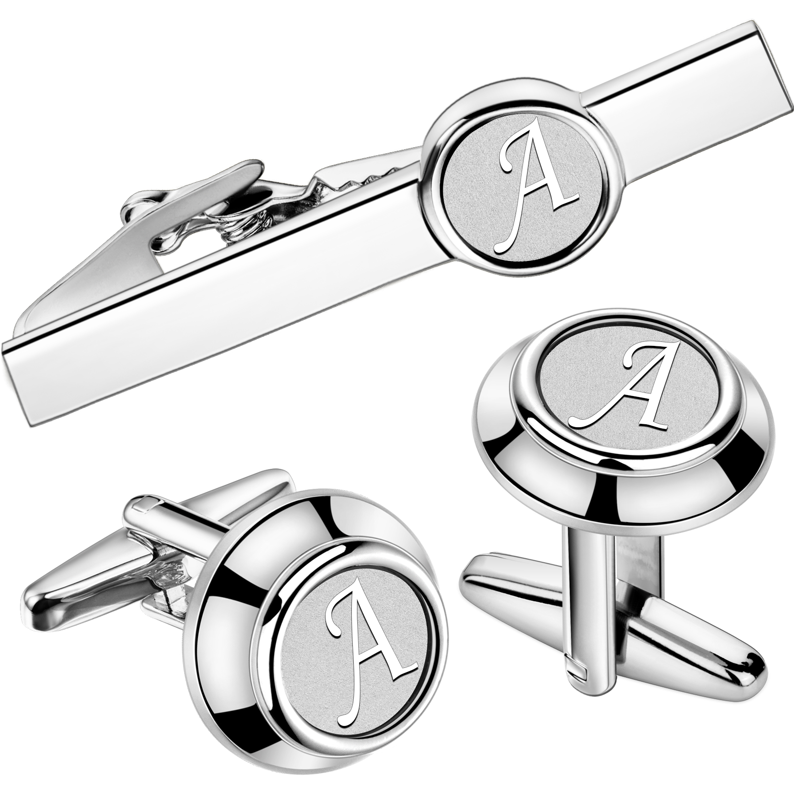 HAWSON 2 インチパーソナライズイニシャル A-Z カフスとネクタイクリップセット男性用シルバーメッキシャツアクセサリービジネスギフトジュエリー