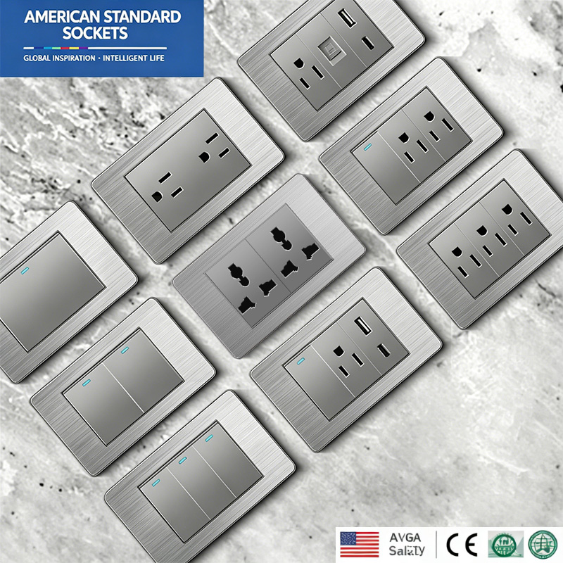 米国の壁スイッチ電源ソケット、USB Type-c急速充電器付き、アメリカメキシコステンレススチールパネルプラグコンセント、ライトスイッチパネル