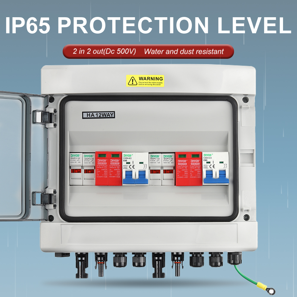 500V 2 で 2 アウト太陽光発電 PV コンバイナボックス IP65 防水ボックス雷保護 DC ヒューズ MCB SPD 16/20/25/32/40/50/63A