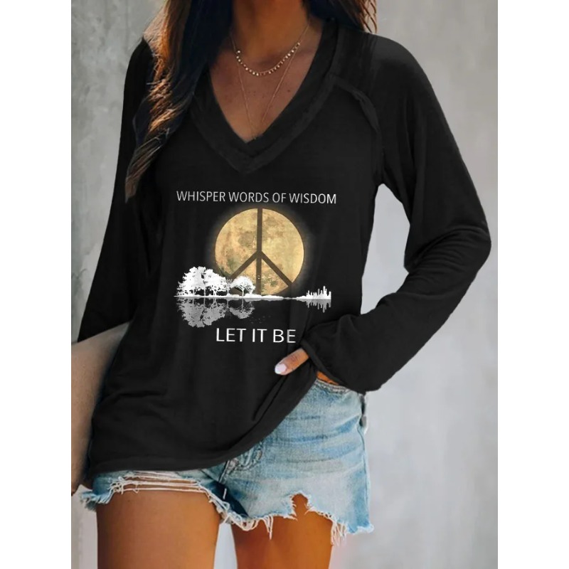 Ilstile Women's Hippie Style Print T-Shirts  Long Sleeve V Neck Tops Casual Loose Tees Fashion Female Clothing
