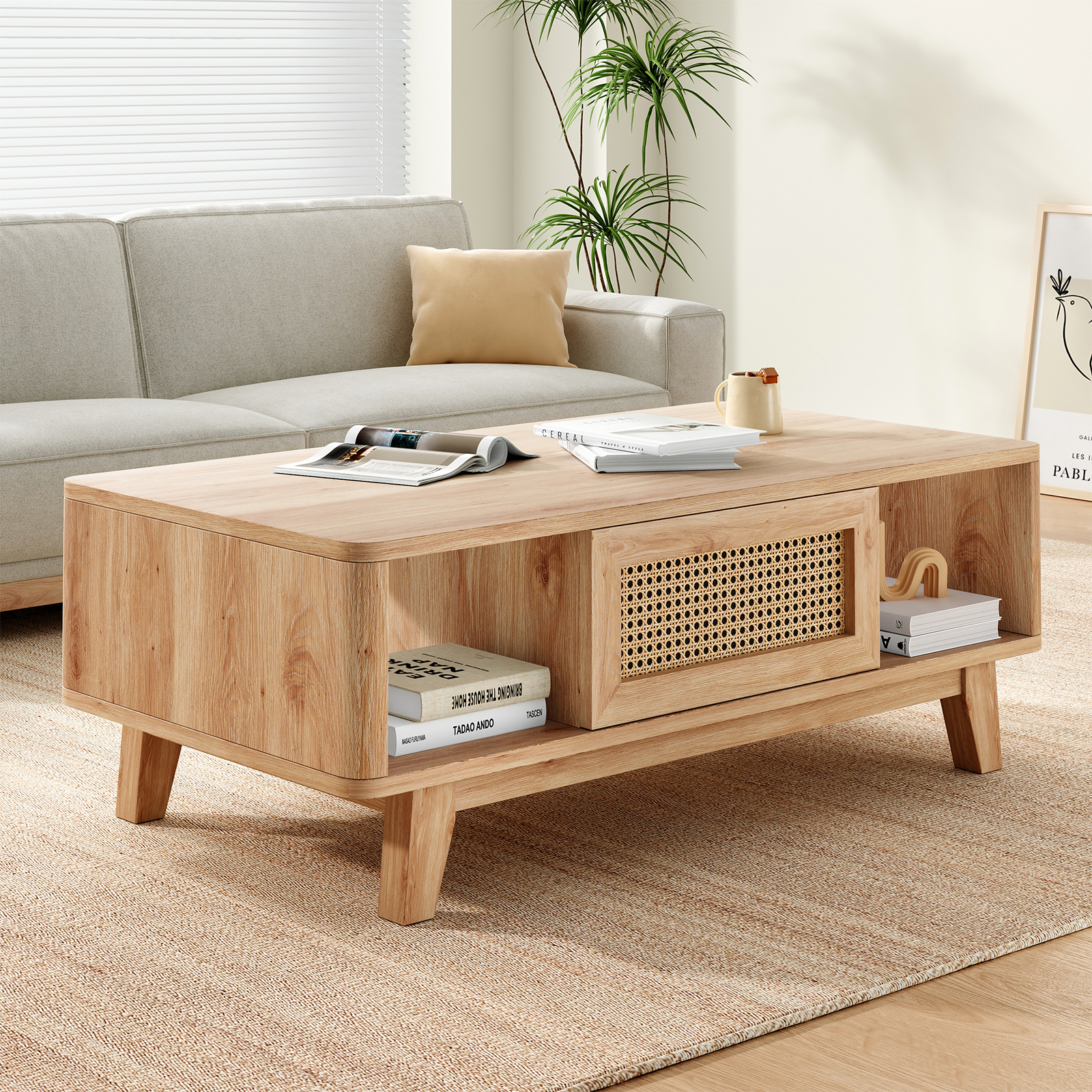 Farini ミッドセンチュリー モダン コーヒーテーブル 籐引き出し付き リビングルーム用木製収納テーブル ファームハウス ホーム家具