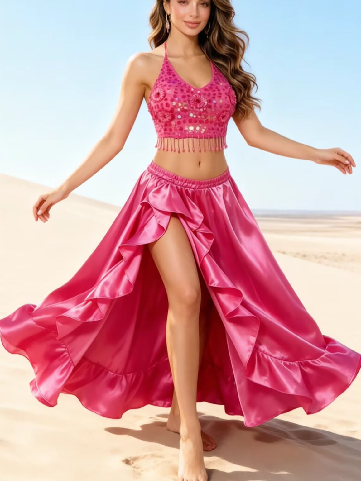 ベリーダンスセット スパンコール フリンジ ホルター クロップトップ