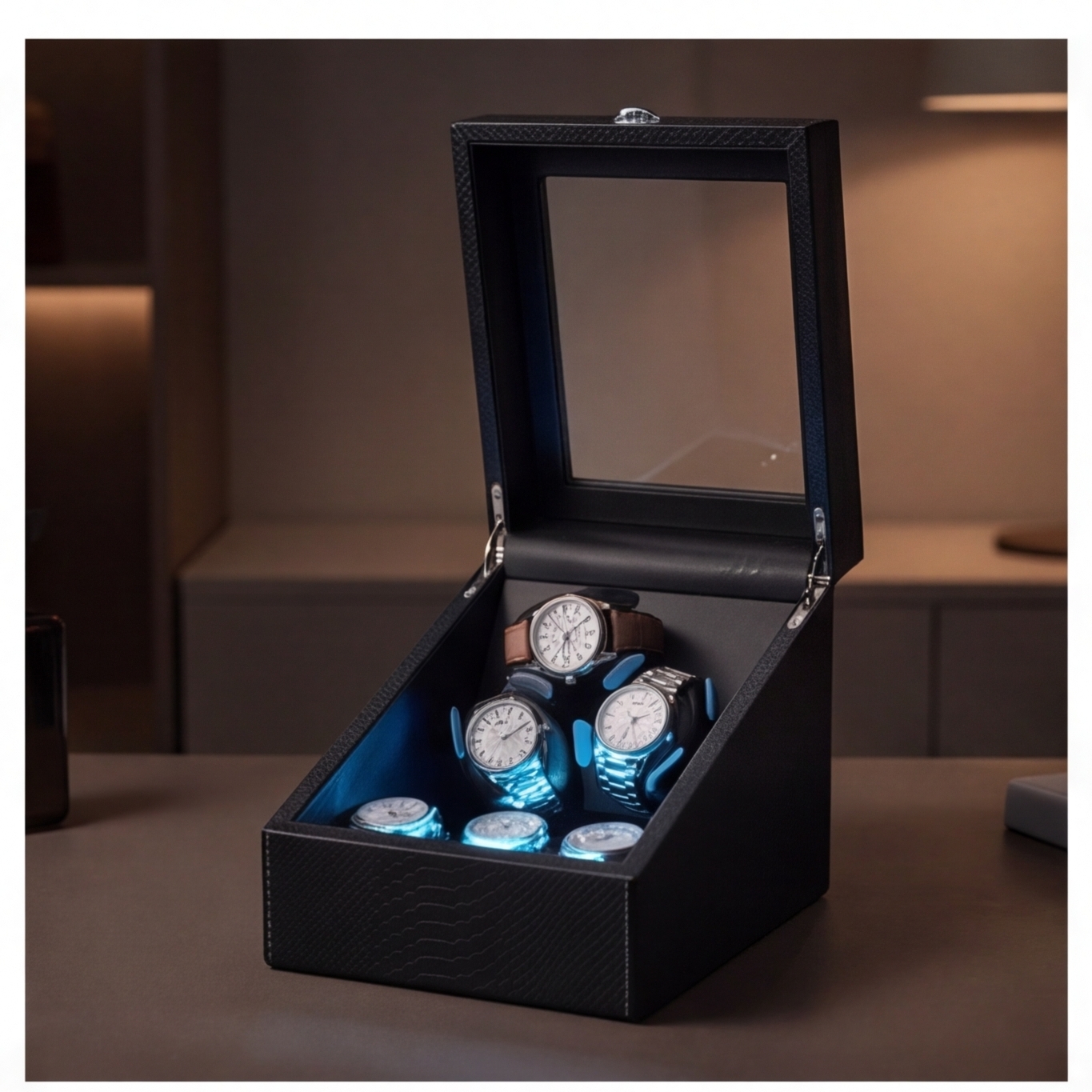 Luxury 3+3 Watch Winder Box with Blue LED Light, Black PU Leather Automatic Watch Rotator, Premium Gift for Watch Collectors