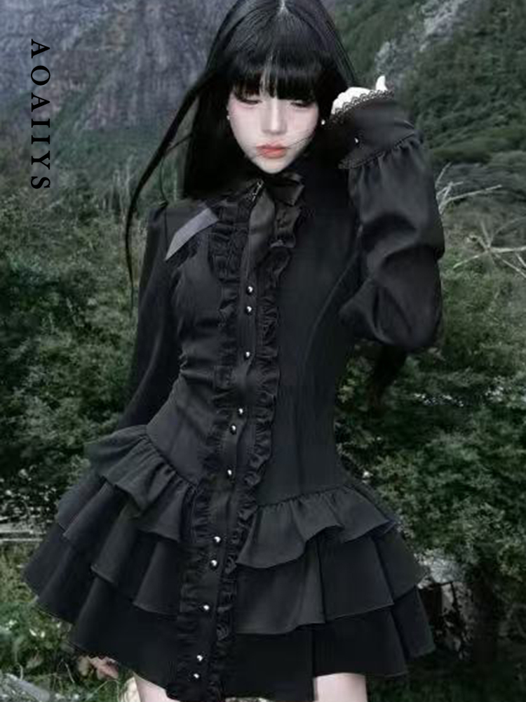 Aoaiiys ミニドレス女性黒ゴシックレーススプライシングドレス Y2K 日本のストリートロリータドレススパイシーな女の子秋服新