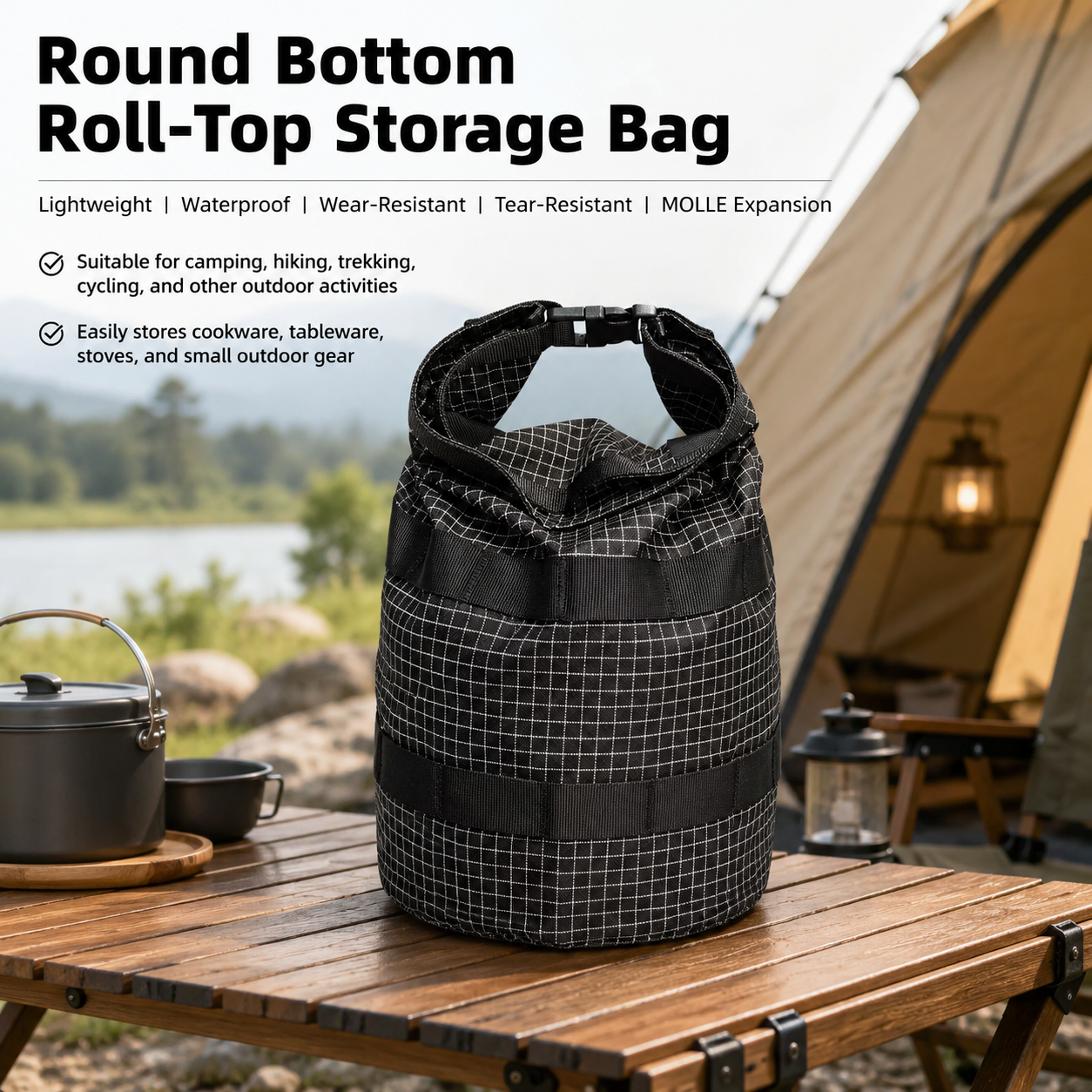 Dyneema 超軽量防水丸底ロール布収納袋 MOLLE 拡張可能なキャンプ調理器具とポーチ収納袋 68 グラム
