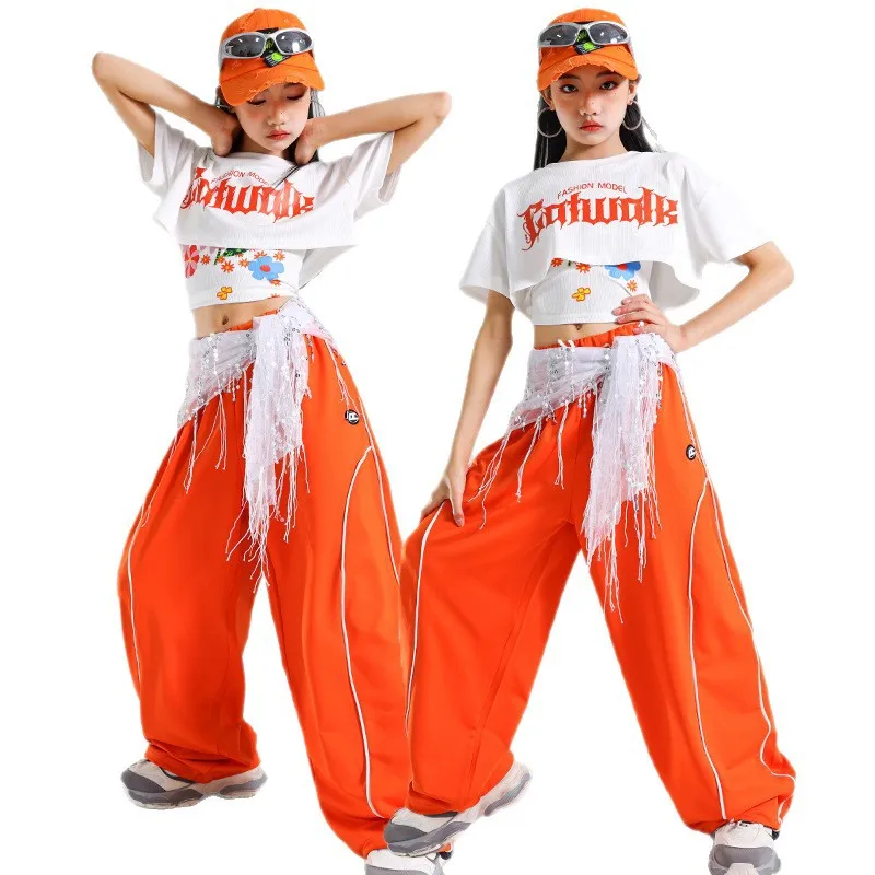 子供ジャズ衣装ストリートダンススーツ女の子フラワーベストオレンジズボン Kpop ファッションスーツヒップホップセットラインダンス衣装