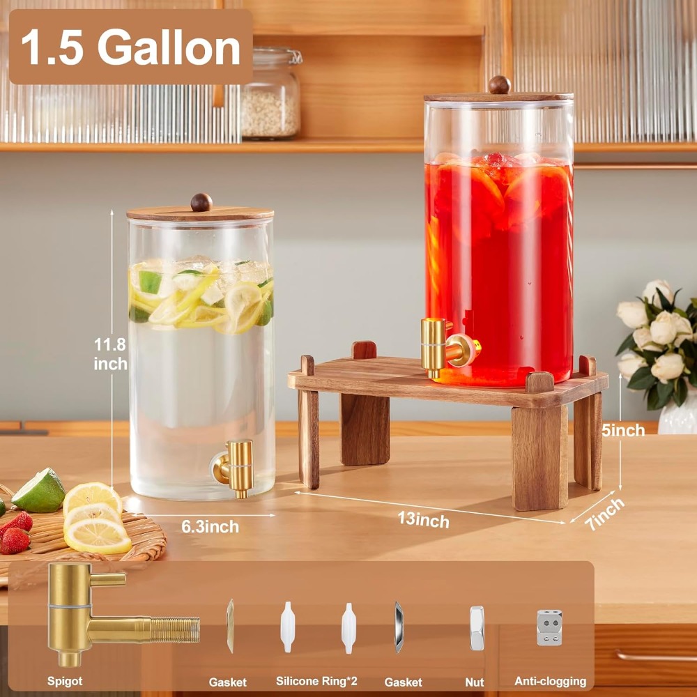 米国配送のホットな新製品 1.5 ガロン ガラス飲料ディスペンサー 木製スタンドとステンレス鋼の栓付き パーティードリンク レモネード用