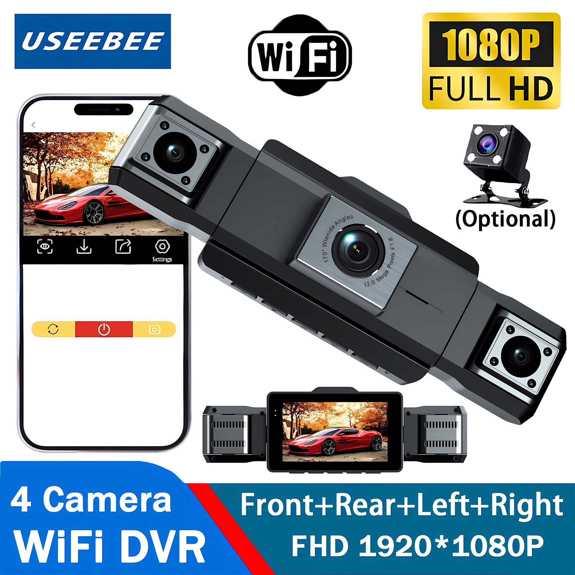 ダッシュカム 4 チャンネル Wifi 360° ダッシュカム車 Dvr ダッシュボードカメラ車のウェイバックボックス駐車モード 24H フロントとリアインテリア