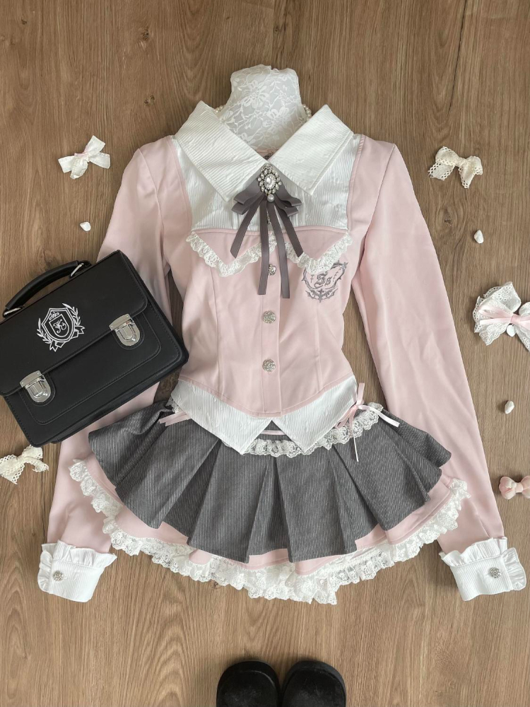 春 Y2K プリンセス衣装女性 2 個セット甘いかわいいリボントップスレースプリーツスカート女性のレトロシックなプレッピースタイルの服