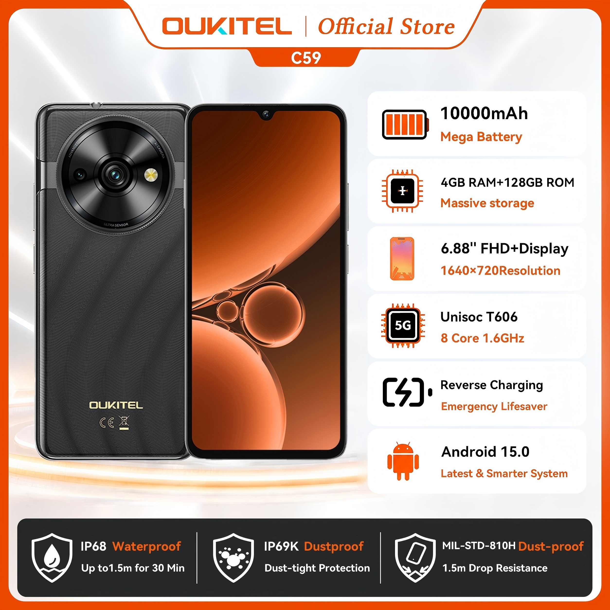 OUKITEL C59 スマートフォン 6.88 インチ HD 90Hz ディスプレイ 10000mAh バッテリー 16GB 128GB Android 15 携帯電話 13MP カメラ 逆充電 4