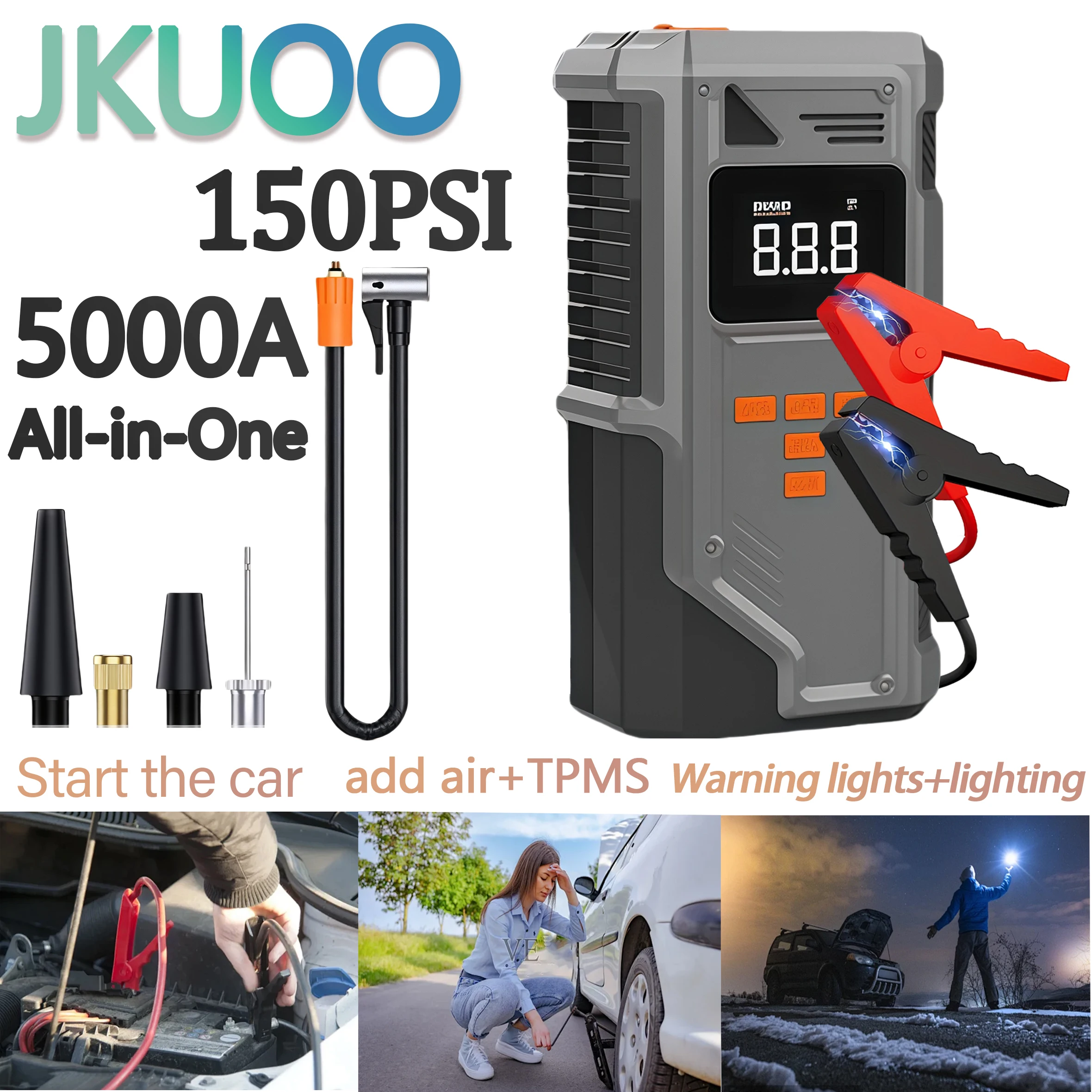 JKUOO 車用ジャンプスターターと空気インフレーター 10.2 バー高速充填 -40°C 低温作業用 12V 鉛酸バッテリー タイヤ監視付き