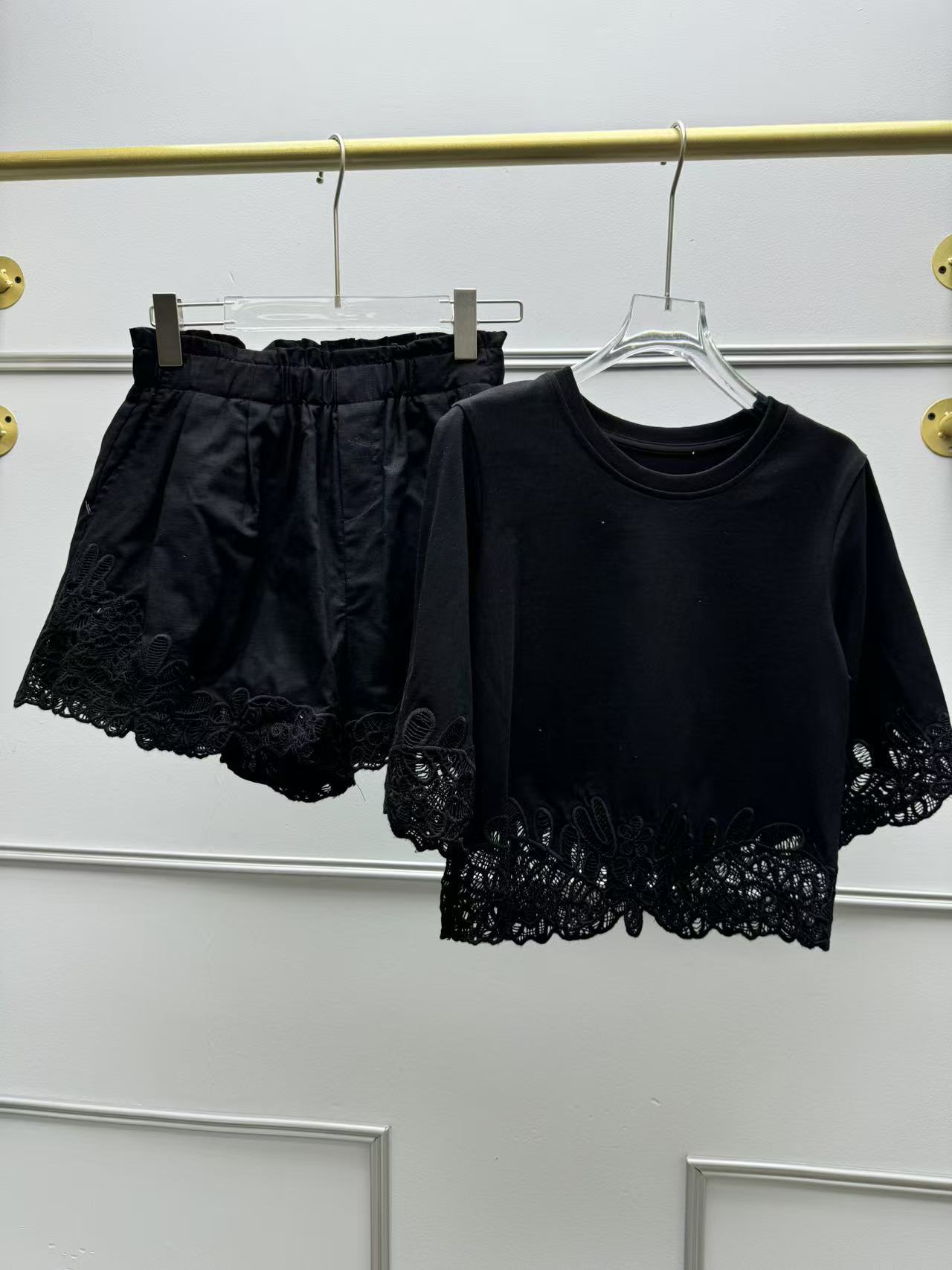 Hollow out Embroidery Women Tshirt Short Sleeve Round Neck Top or Lace Elastic High Waist Shorts Lady White or Black Suit