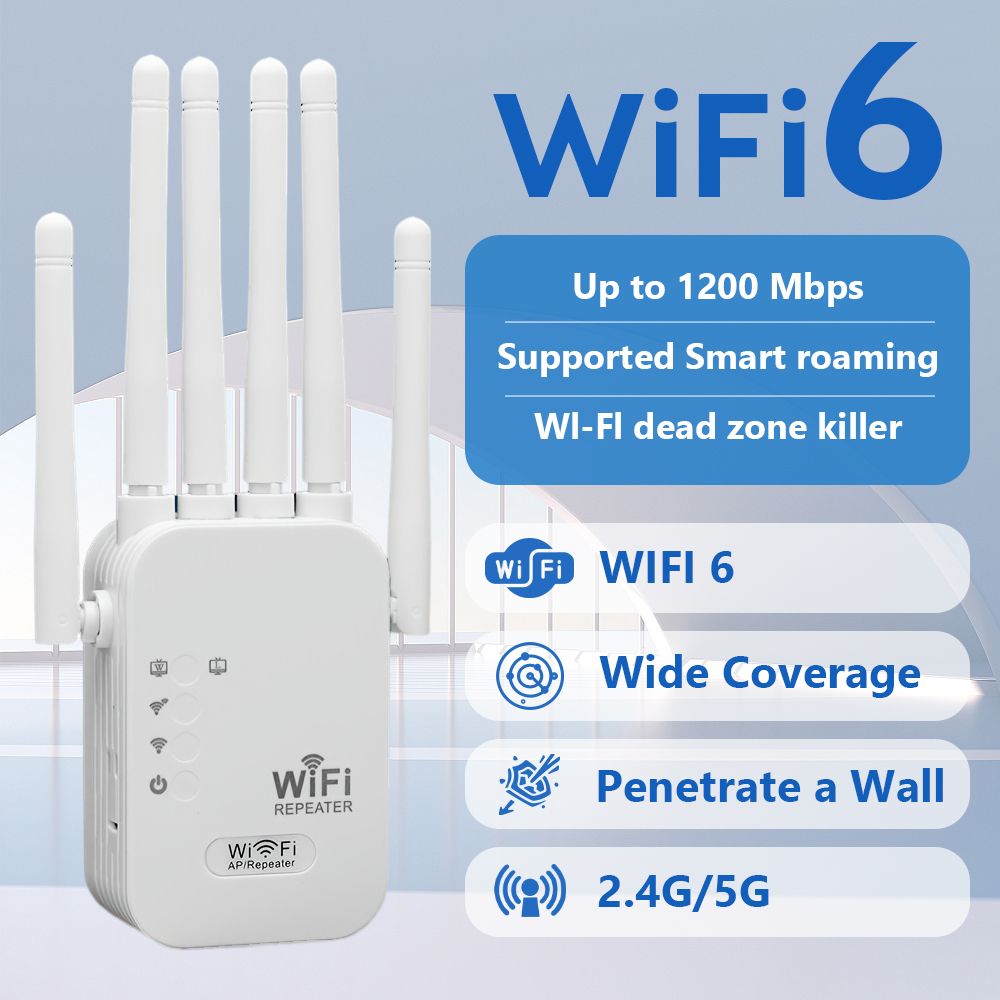 1200Mbps - デュアルバンドギガビットイーサネットポート、WiFi 6 エクステンダー、あらゆるルーターで動作、ユニバーサル互換性、50 台用の 6 アンテナ
