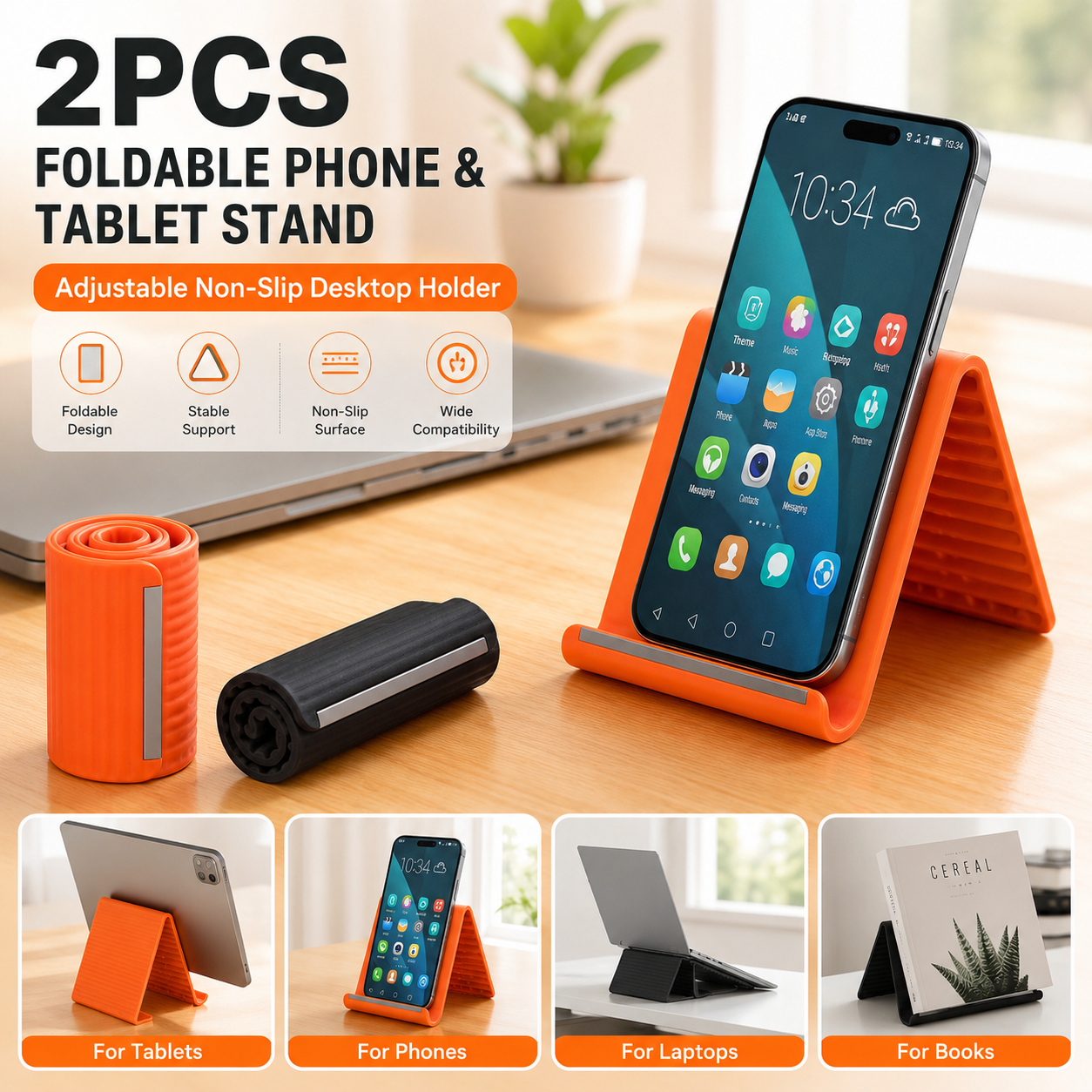 2PCS Foldable Silicone Phone and Tablet Stand, Adjustable Non-Slip Desktop Holder, Portable Device Stand for Home, Office and Travel