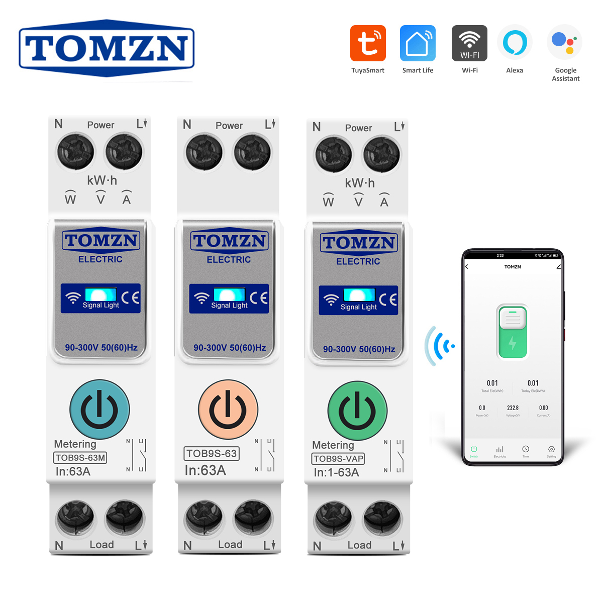 TOMZN 1P N AC110V 230V 63A WIFI スマートスイッチエネルギーメーター KWh 計量監視サーキットブレーカータイマーリレー MCB TUYA SmartLife