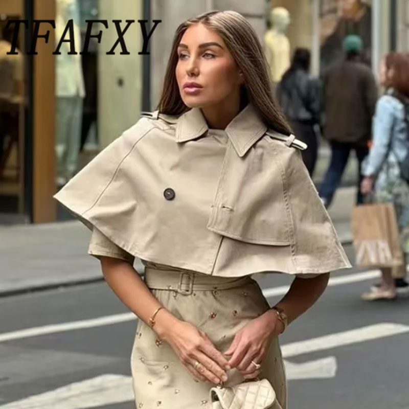 TFAFXY 2026 春ダブルブレスト女性ポンチョトレンチコートクロップドラペルケープレットジャケット半袖カジュアルストリート