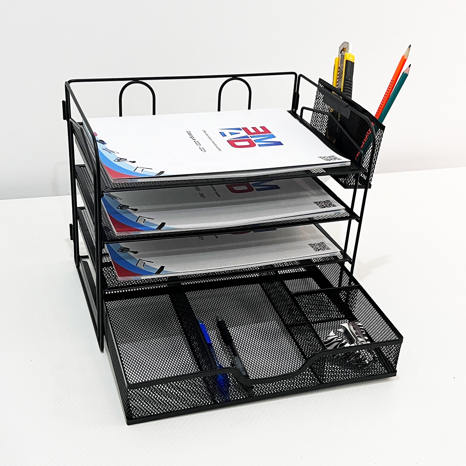 Custom logo Office Black Wire Magazine Storage File Holder Desk Accessories Metal Mesh Desktop Organizer File Trays with Drawer