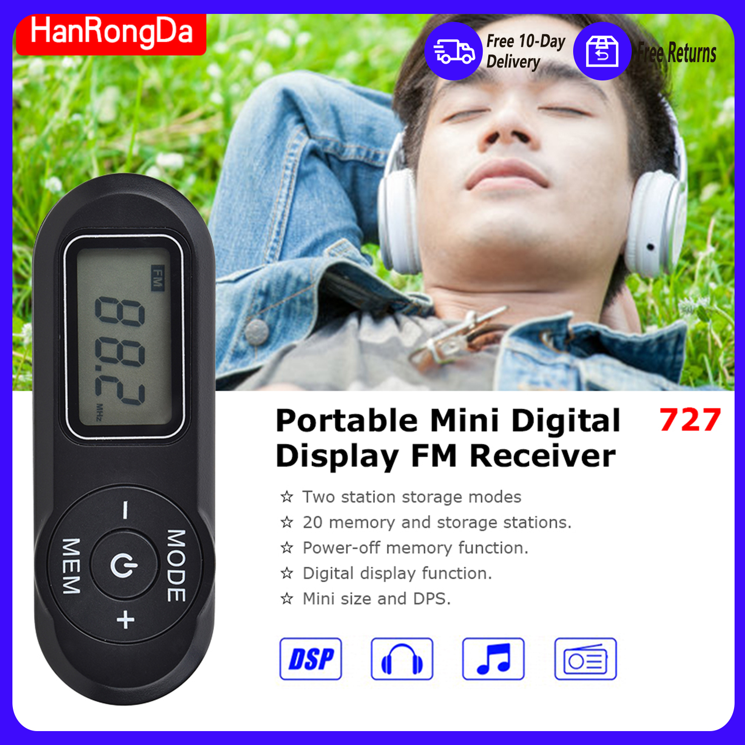 HanRongDa HRD-727 DSP FM ラジオ ポータブル ミニデザイン ABS レトロデジタル ディスプレイ ラジオ ポータブル LCD ディスプレイ DSP FM ラジオ イヤホン付き
