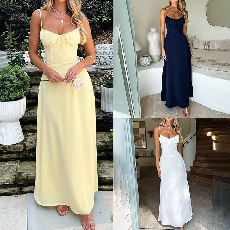 新しい女性のエレガントなタイフロント A ラインソリッドカラーミディド​​レススタイリッシュなイブニングドレスパーティーや夏の摩耗に最適