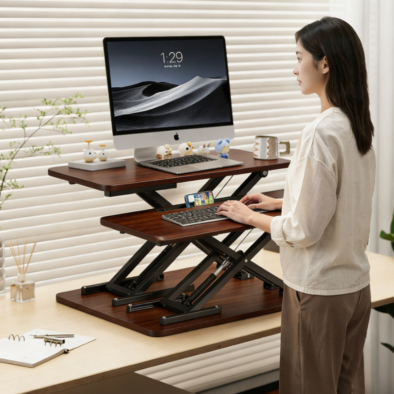 リフティングモニターライザースタンド木製 2 層折りたたみラップトップリフトテーブルデスクトップモニター収納ホルダーモニターオーガナイザーベース