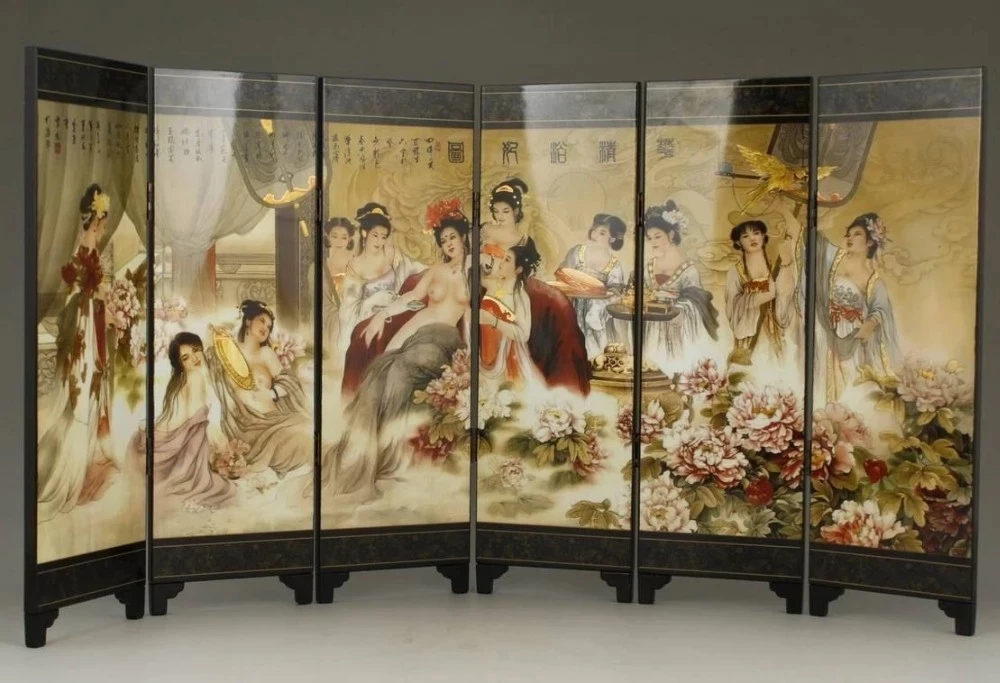 精緻な中国古典漆絵入浴美人図屏風