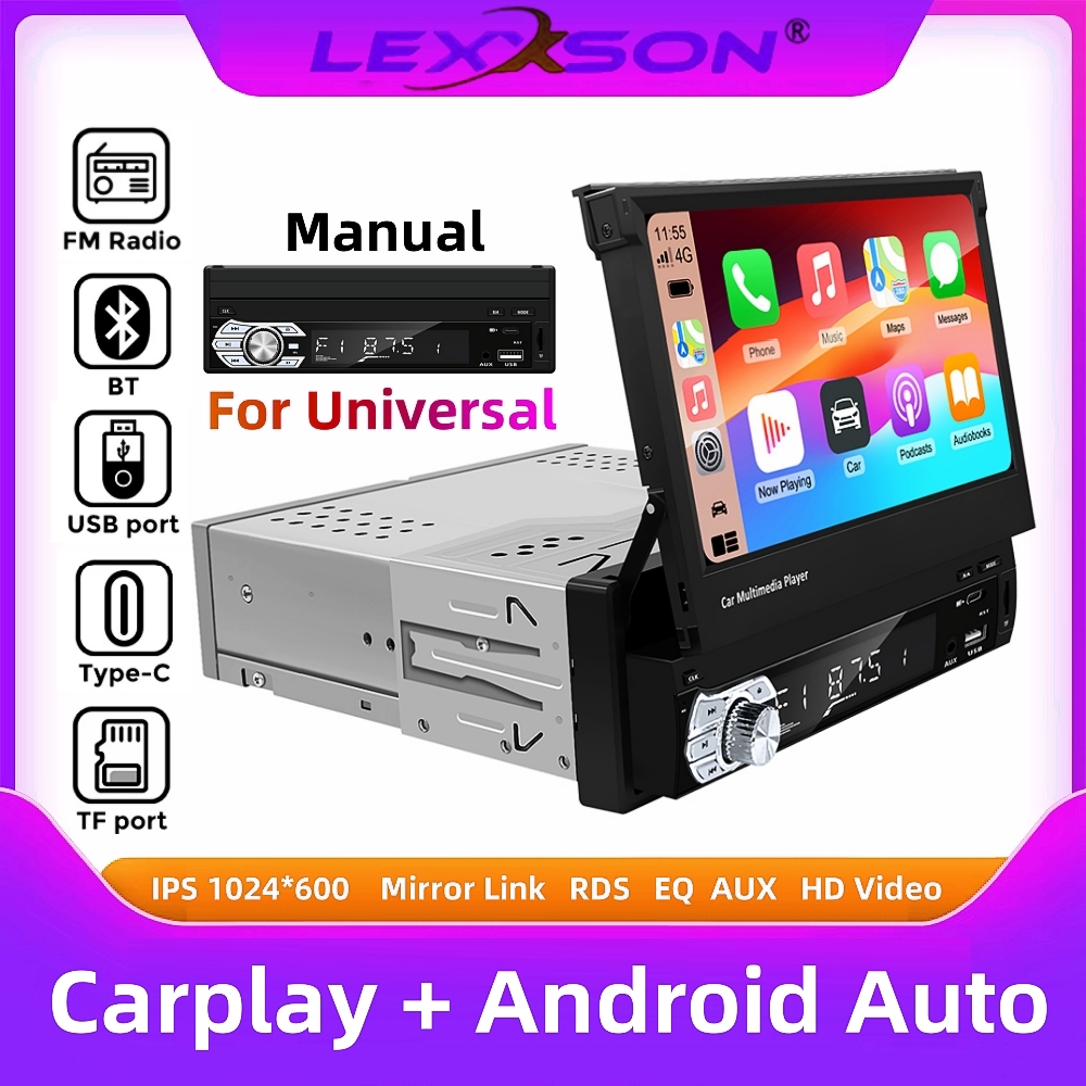 Carplay Android Auto ユニバーサル 1 Din MP5 プレーヤー 7 インチ格納式タッチスクリーンカープレーヤー HD FM AUX 入力 BT ラジオミラーリンク