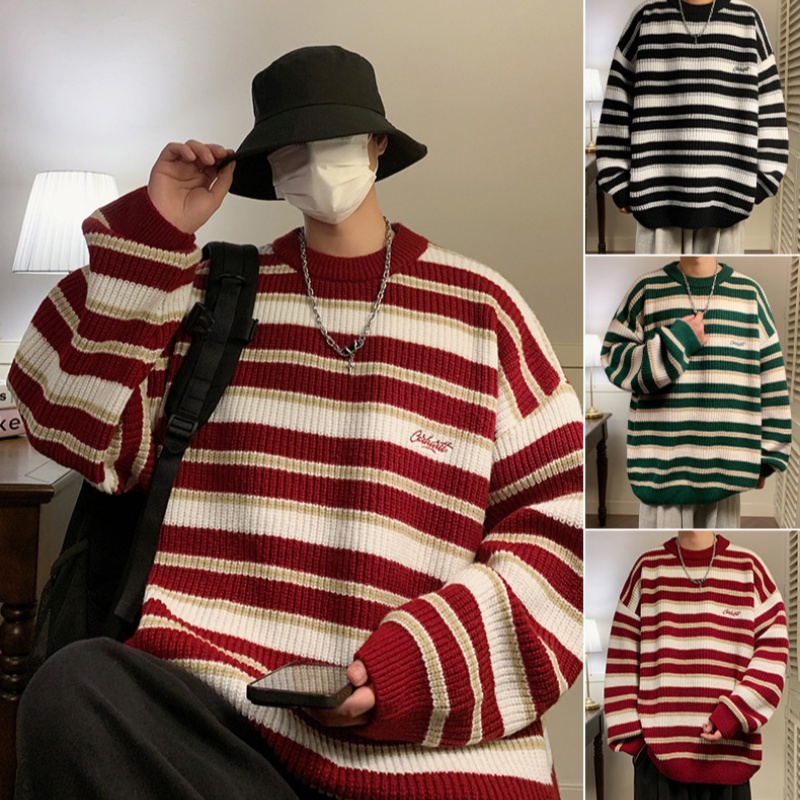 怠惰なレトロストライプセーター男性女性秋冬厚手ニットカジュアル刺繍ニットプルオーバーセータージャケットカップル