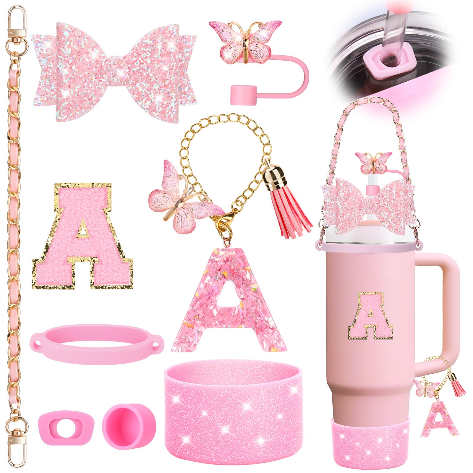 9PCS ピンクカップアクセサリーセット スタンレーカップ 30オンス 40オンス タンブラー用 ハンドル付き - ストラップ、ストローリボンデコレーション、ストロートッパー付き