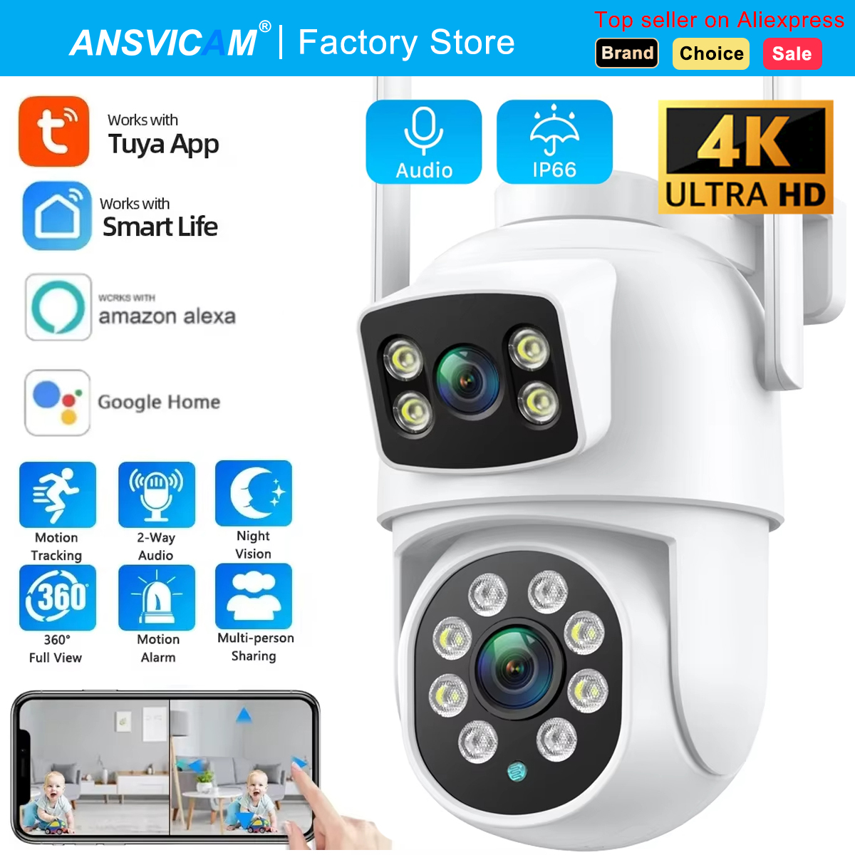 8MP デュアルレンズ Tuya Wifi カメラ PTZ 屋外 4K ワイヤレスデュアルスクリーンセキュリティカメラ自動追跡モニタリング ONVIF Alexa サポート