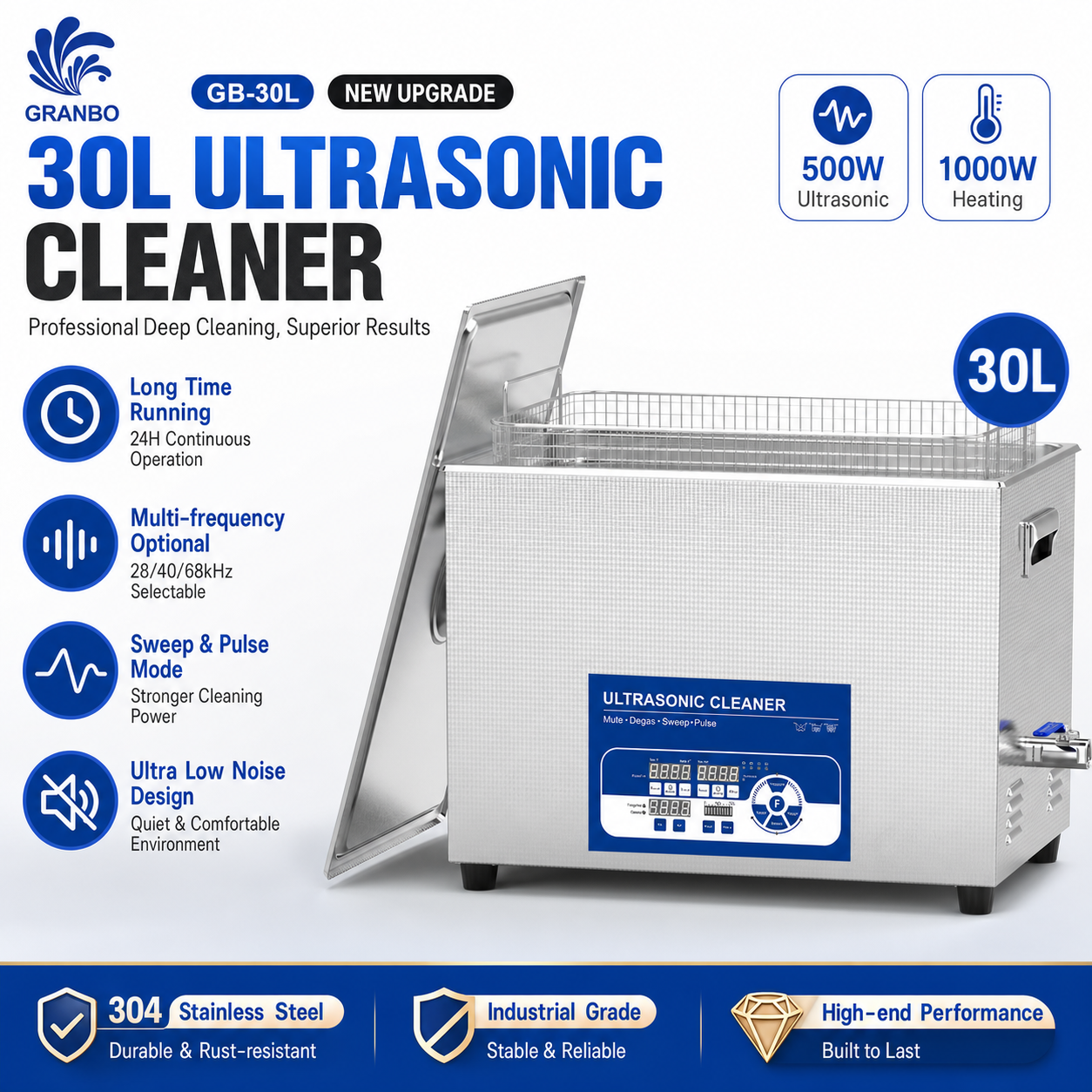 GRANBO 30L 超音波洗浄機 500W インテリジェントスイープパルスノイズリダクション多周波数オプション 28/40/68/80/120kHz ガス除去機能付き