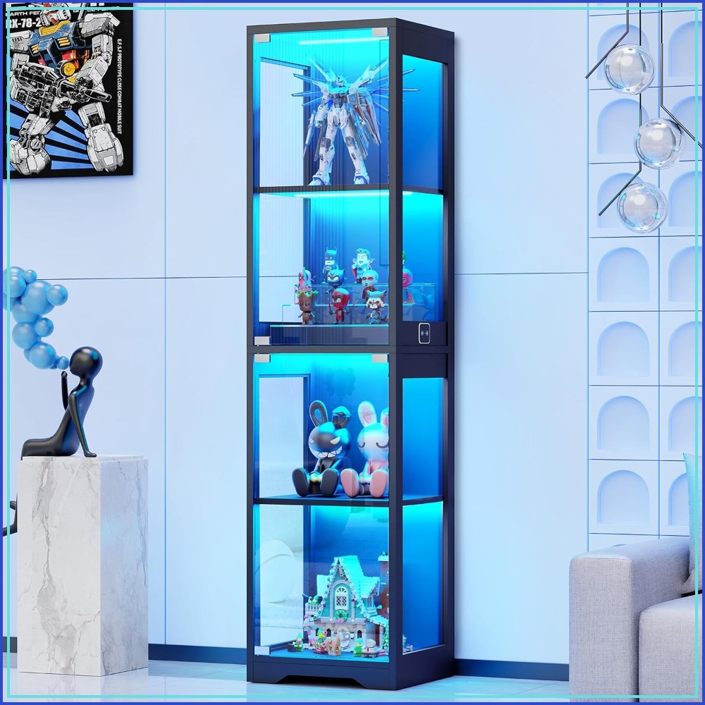 BROTTAR ガラスディスプレイキャビネット、4段キュリオ、3色のライト付き、ドア付き収納キャビネット、ブラック