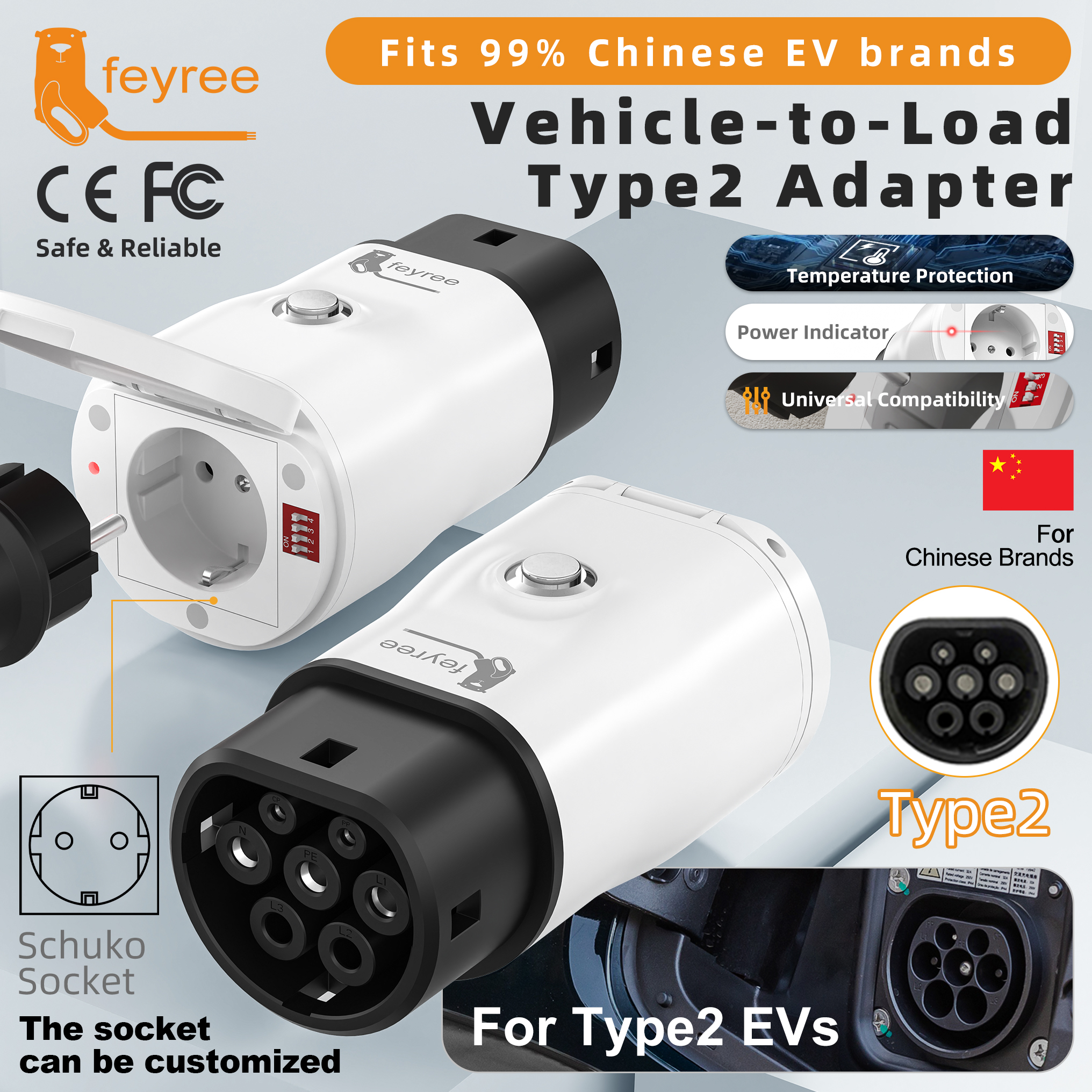 Feyree ポータブル Type2 V2L アダプター パワー調整スイッチ付き 中国 EV 車用 車両から放電器に負荷をかける キャンプ アウトドア用 米国