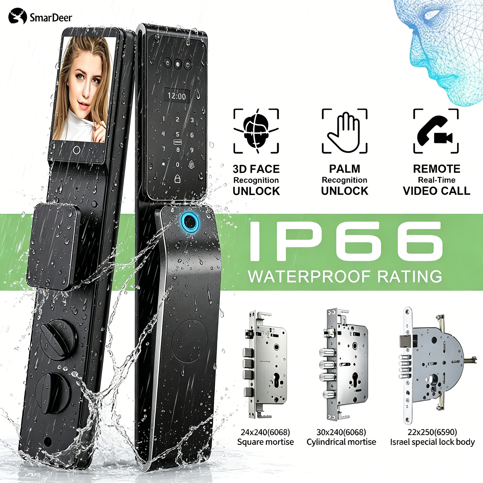 SmarDeer IP66 屋外防水スマート ロック、3D フェイシャル