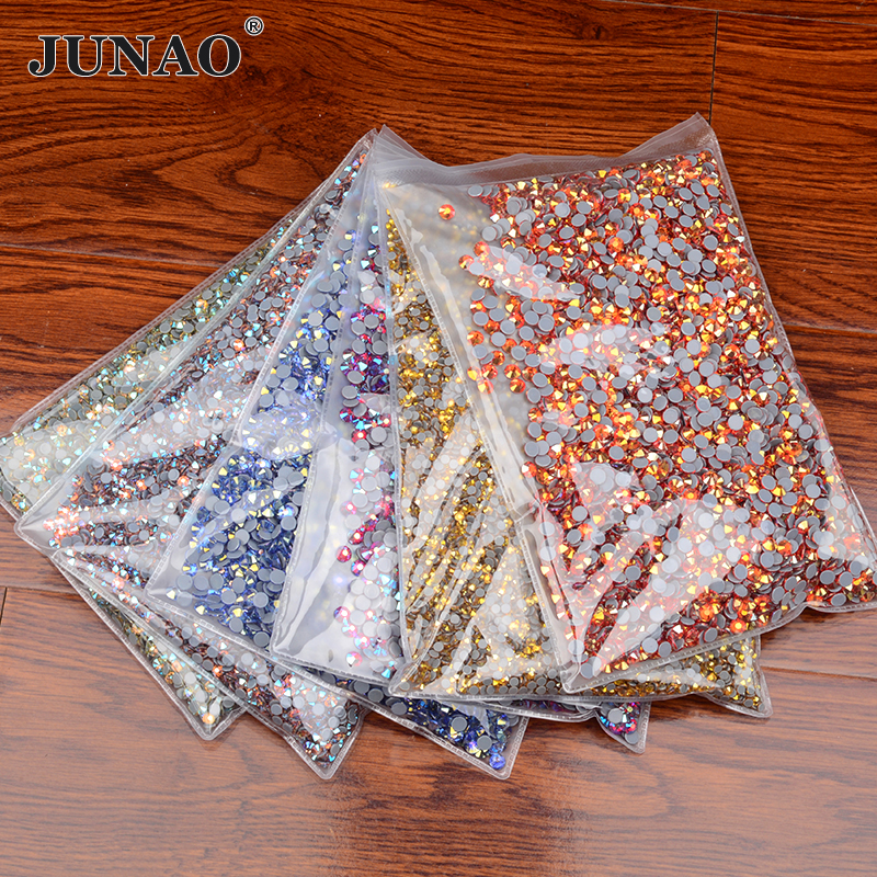 JUNAO SS 6 8 10 12 16 20 30 卸売 AB クリスタルホットフィックスガラスラインストーンヒラタバルクアイアンでストラス DIY 衣類 Decorati