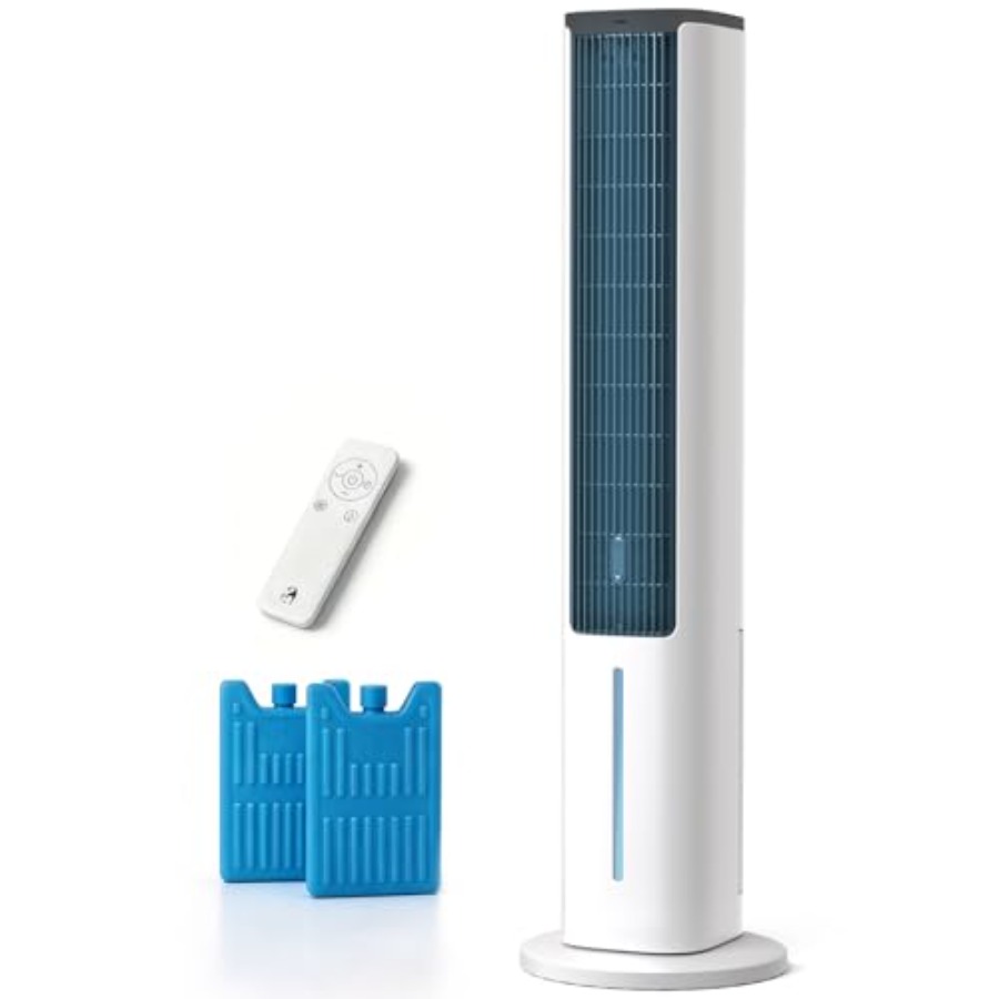 寝室およびオフィス用蒸発式空気クーラー、プラスチックハウジング、白色、アイスパック付き 3-in-1 ポータブル冷却、80 osc