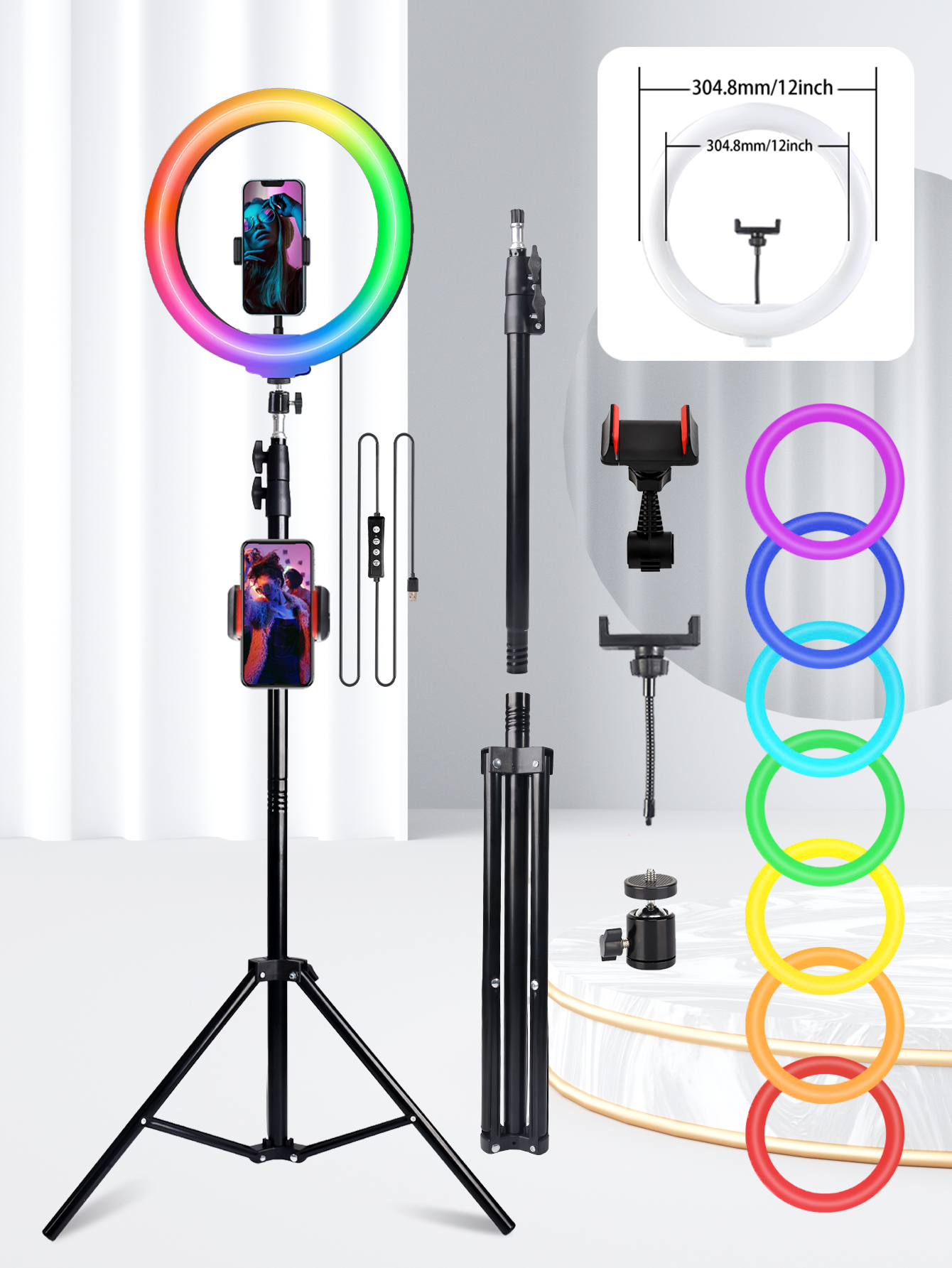 10インチプロフェッショナルセルフィーリングLEDライト、USB電源、高さ160cmスタンド、38色RGB、ライブストリーミング、メイクアップフィルライト