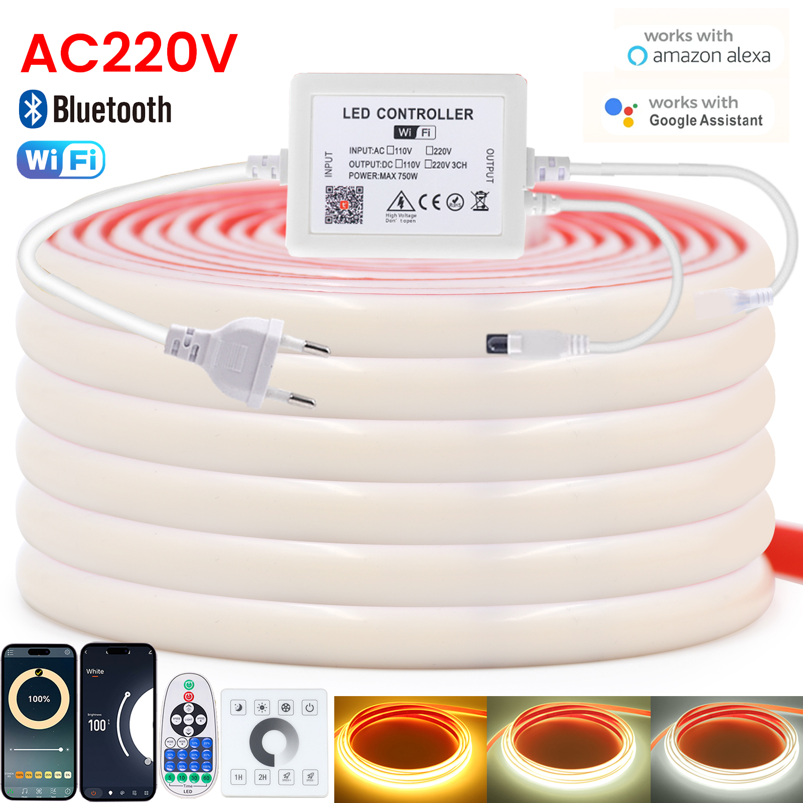 220V COB LED ストリップライト Bluetooth WIFI 粘着テープ 23key リモコン電源キット 288LED 防水柔軟なネオンリボンランプ