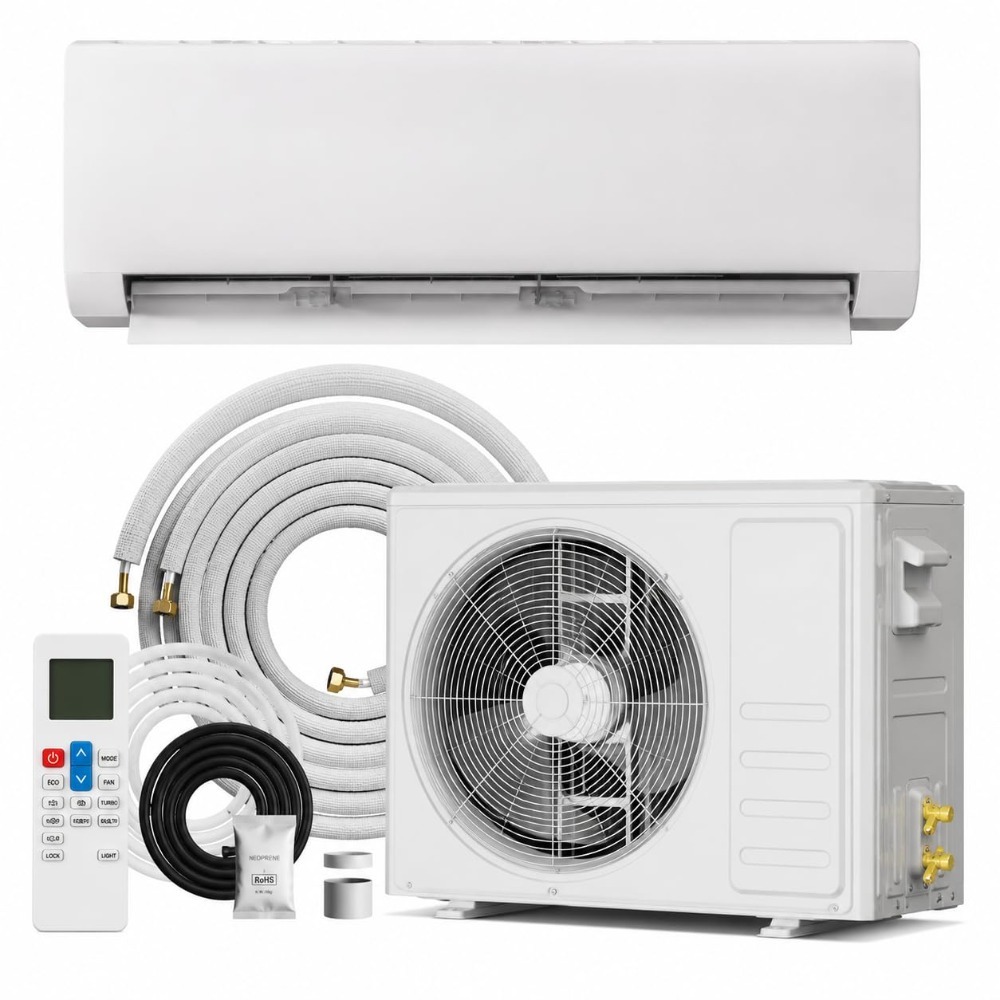 115V ミニスプリット AC ヒートポンプ 12000 BTU ダクトレス壁取り付けインバーター 17 SEER2 プレチャージ済みインストール キット 750 平方フィート、カスタム