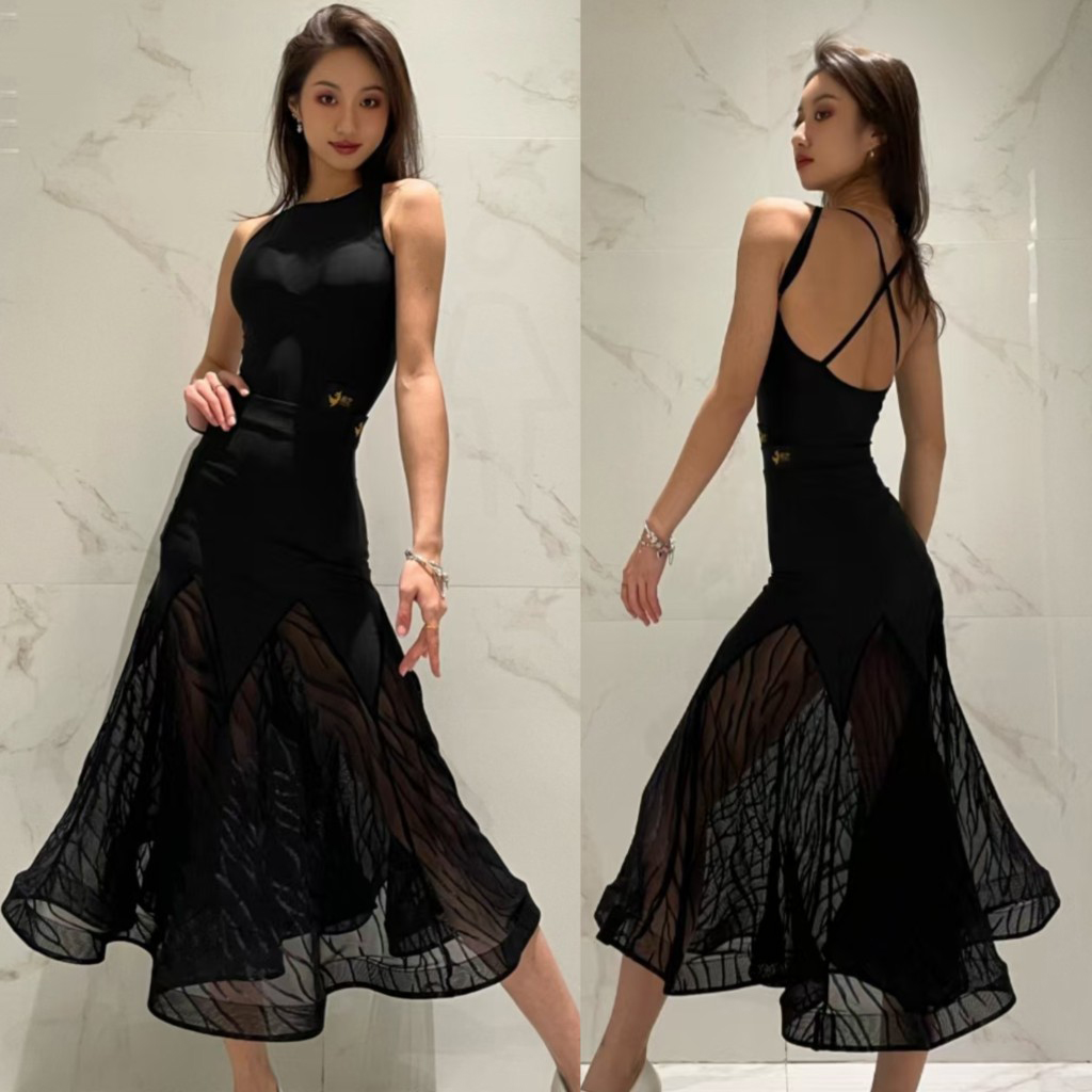 夏社交ダンス服女性ノースリーブ黒トップスシースルースカートラテン練習着ワルツダンスドレス DNV23984