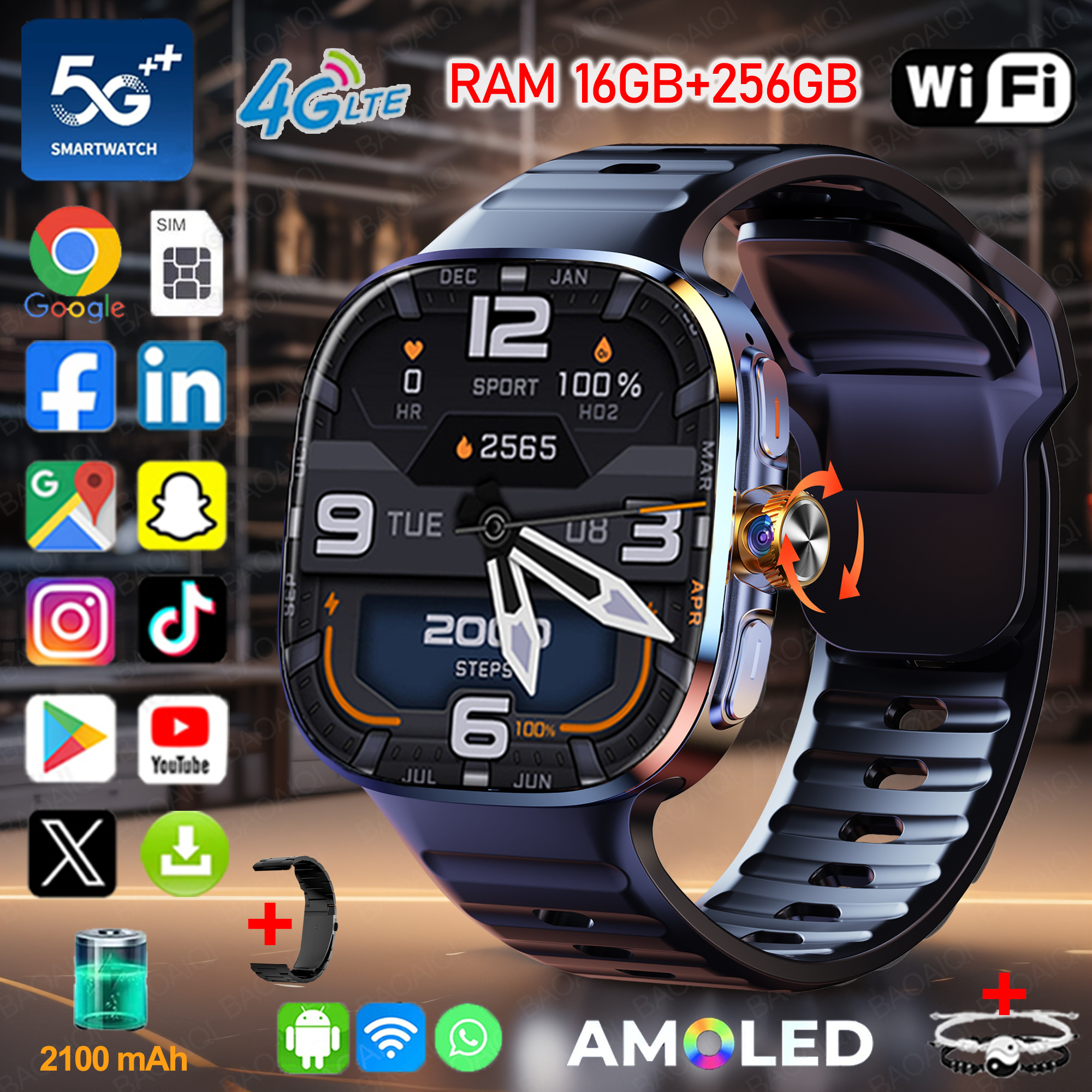 新しい大画面スマートウォッチ 4 グラム/5 グラムアンドロイド 10.0 AMOLED 2.4 インチ 900 ワット引き出しスイベルカメラ WIFI GPS スマートウォッチ 16 ギガバイト 256 ギガバイト RAM