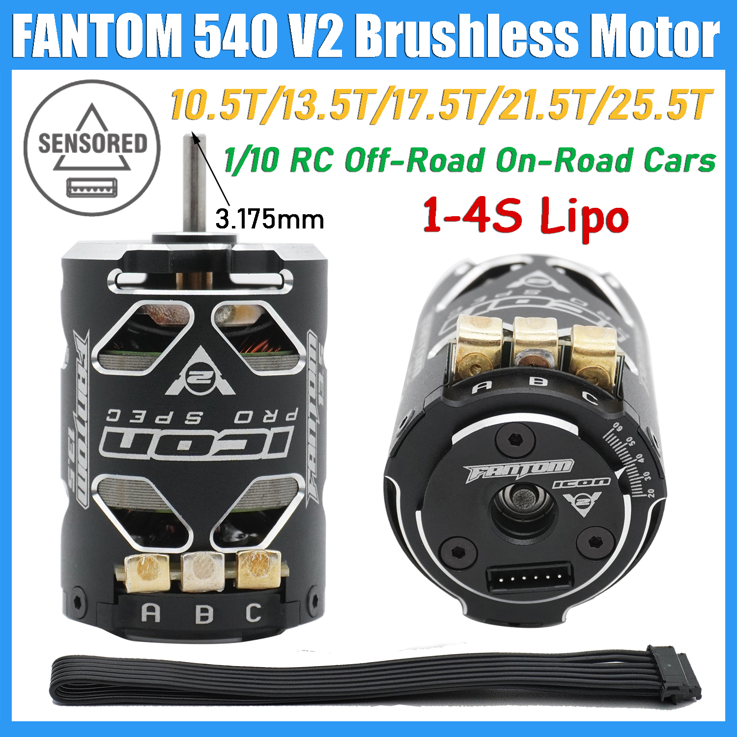 FANTOM 540 V2 10.5T/13.5T/17.5T/21.5T/25.5T センサー付きブラシレスモーター 3.175 シャフト 1/10 RC ドリフトレーシングオフロードオンロードカー用