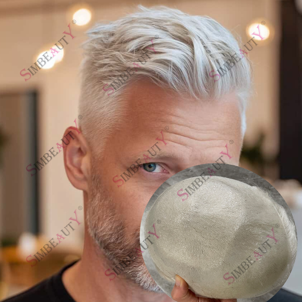 #60R White Blonde Men's Toupee 100%Density Natural Hairline 0.04mm HD Poly Full Skin Base 1b20 V-Loop Invisible Hair Prosthesis