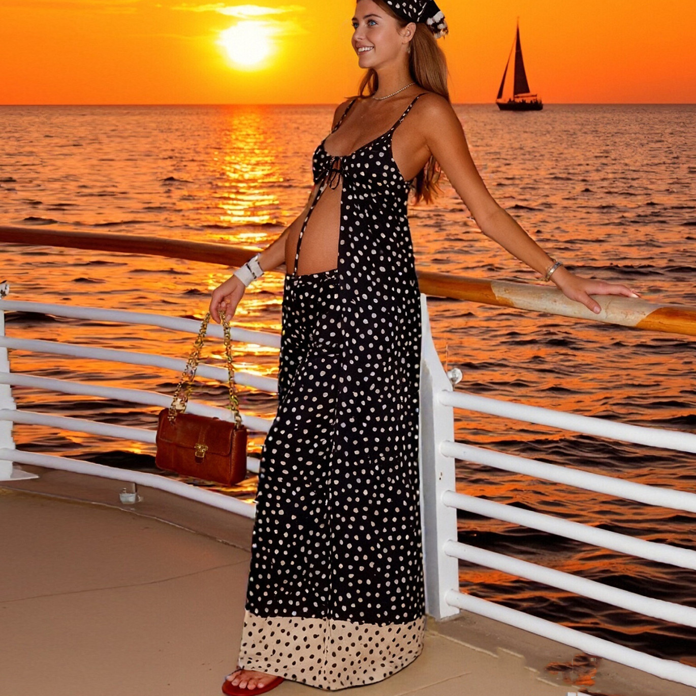 Women’s Two Piece Summer Outfits Fashion Sleeveless Tie-up Front Long Camisole Tank Top and Pants Set Vacation Beachwear