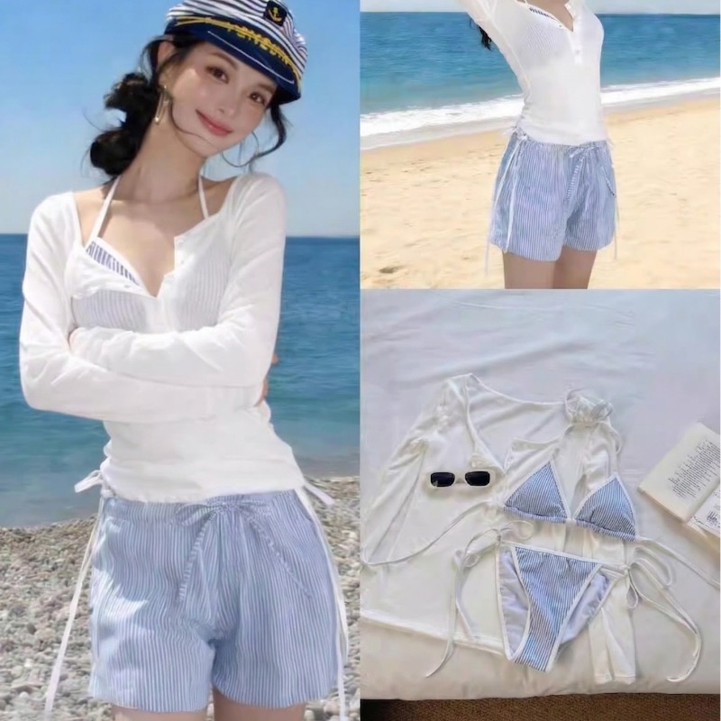 韓国ガールビキニ 4 ピース長袖トップイン純粋な欲望休暇温泉水着女性の小胸痩身