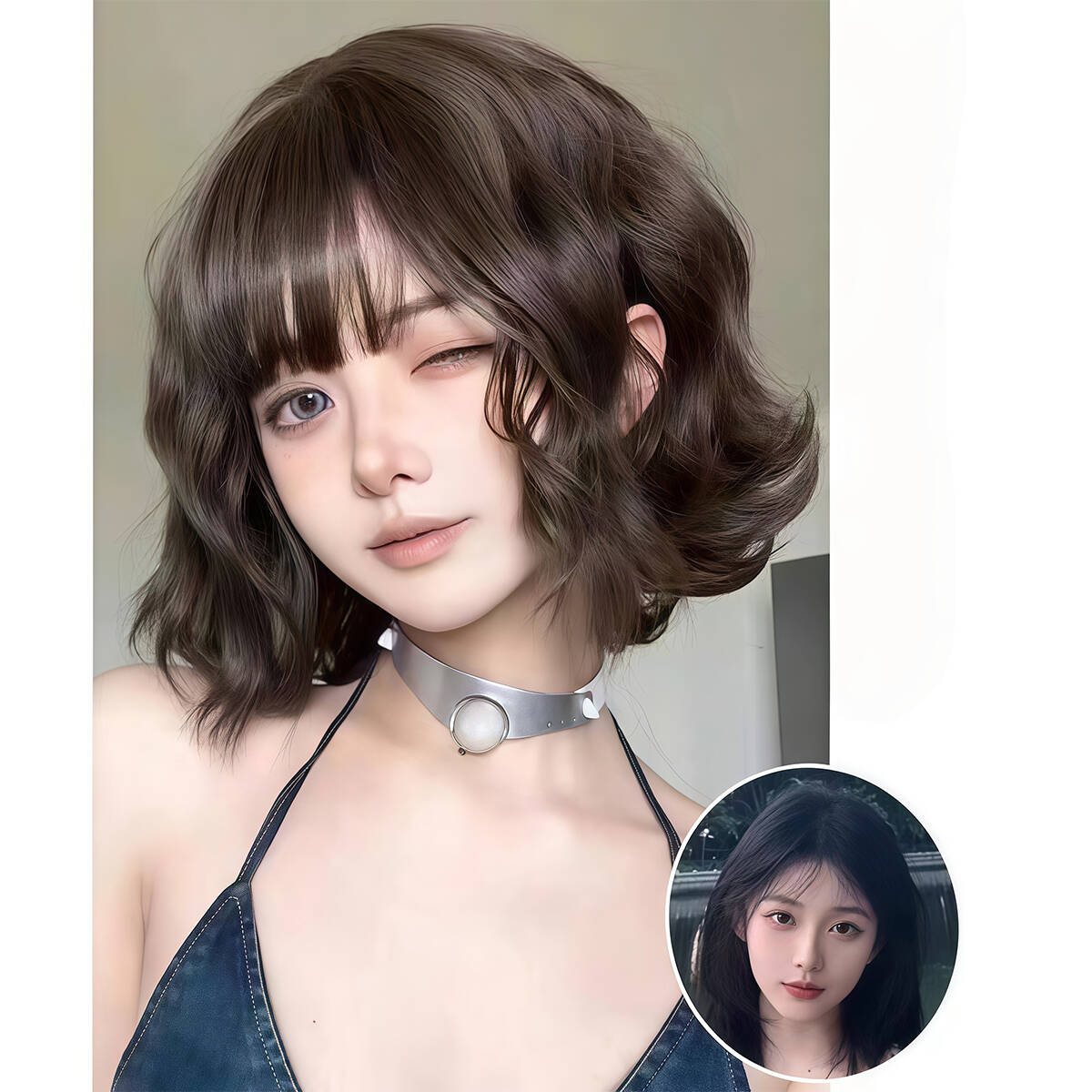 茶色の短いきちんとした前髪ウール カーリー合成ウィッグ |ファッション純粋な女性スタースタイルウィッグ