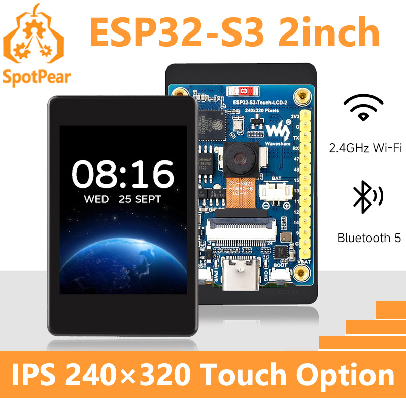 Waveshare ESP32-S3 2 インチ静電容量式タッチ ディスプレイ IPS 240×320 カメラ タッチ オプション WiFi Bluetooth 開発ボードをサポート