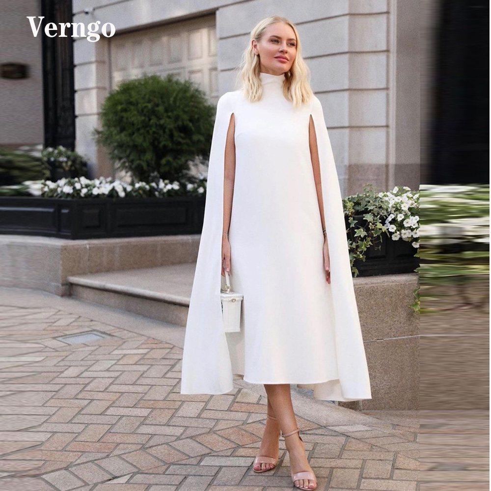 Verngo シンプルな白ストレート女性フォーマルイブニングドレスハイネックロングケープ袖茶丈ガウン女性エレガントな衣装
