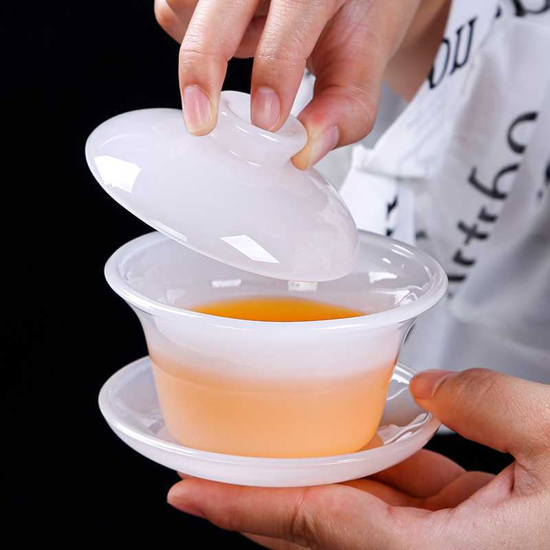 Tianquan 白翡翠磁器 Gaiwan ファット ホワイト ガラス ティー トゥリーン ラージ ティー メイキング ボウル 中国カンフー Gaiwan ティー セット